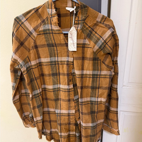 Free People Tops - Women's Casual Plaid Button Down Shirt in Brown and Green